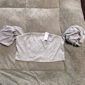 Off-Shoulder Puff Sleeve Crop Top in Light sea foam green